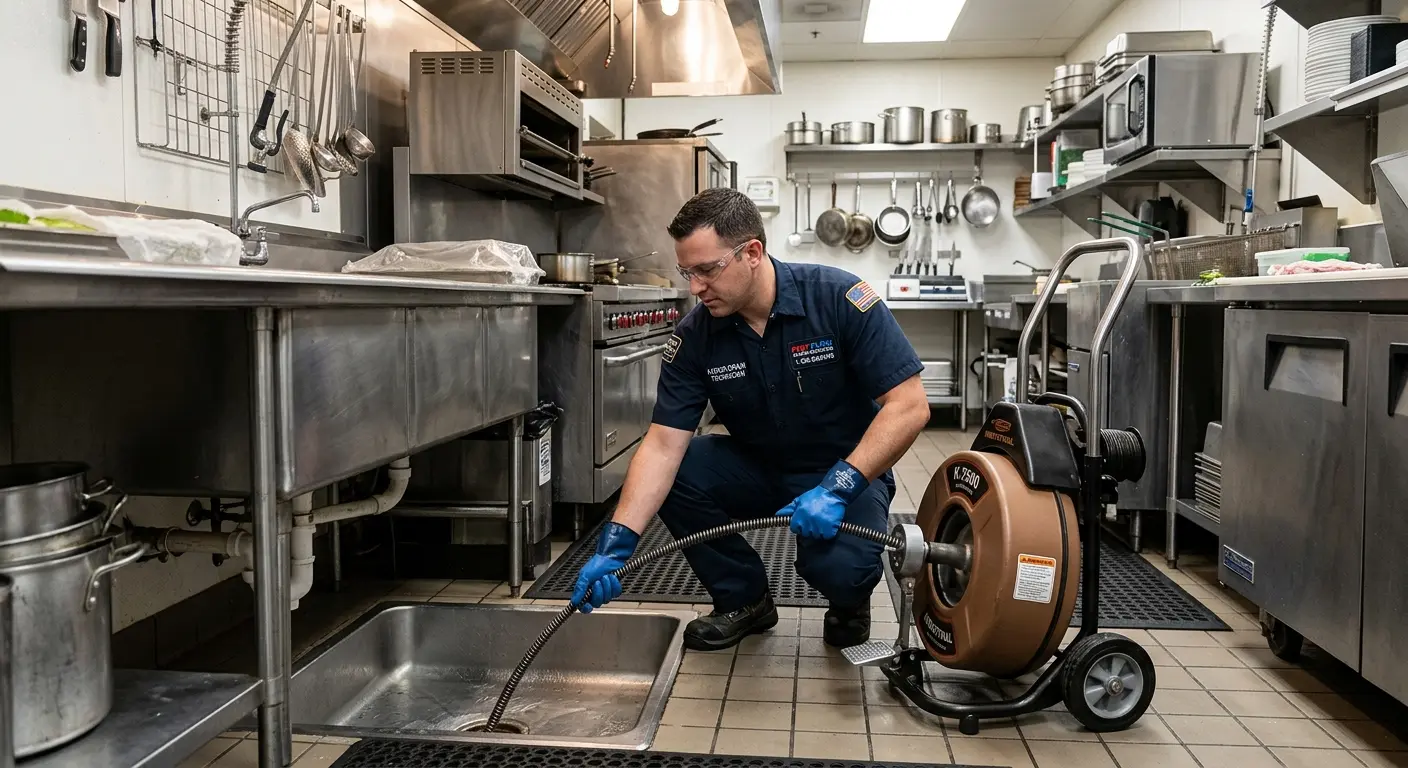 Commercial drain cleaning service in a restaurant kitchen in San Martin