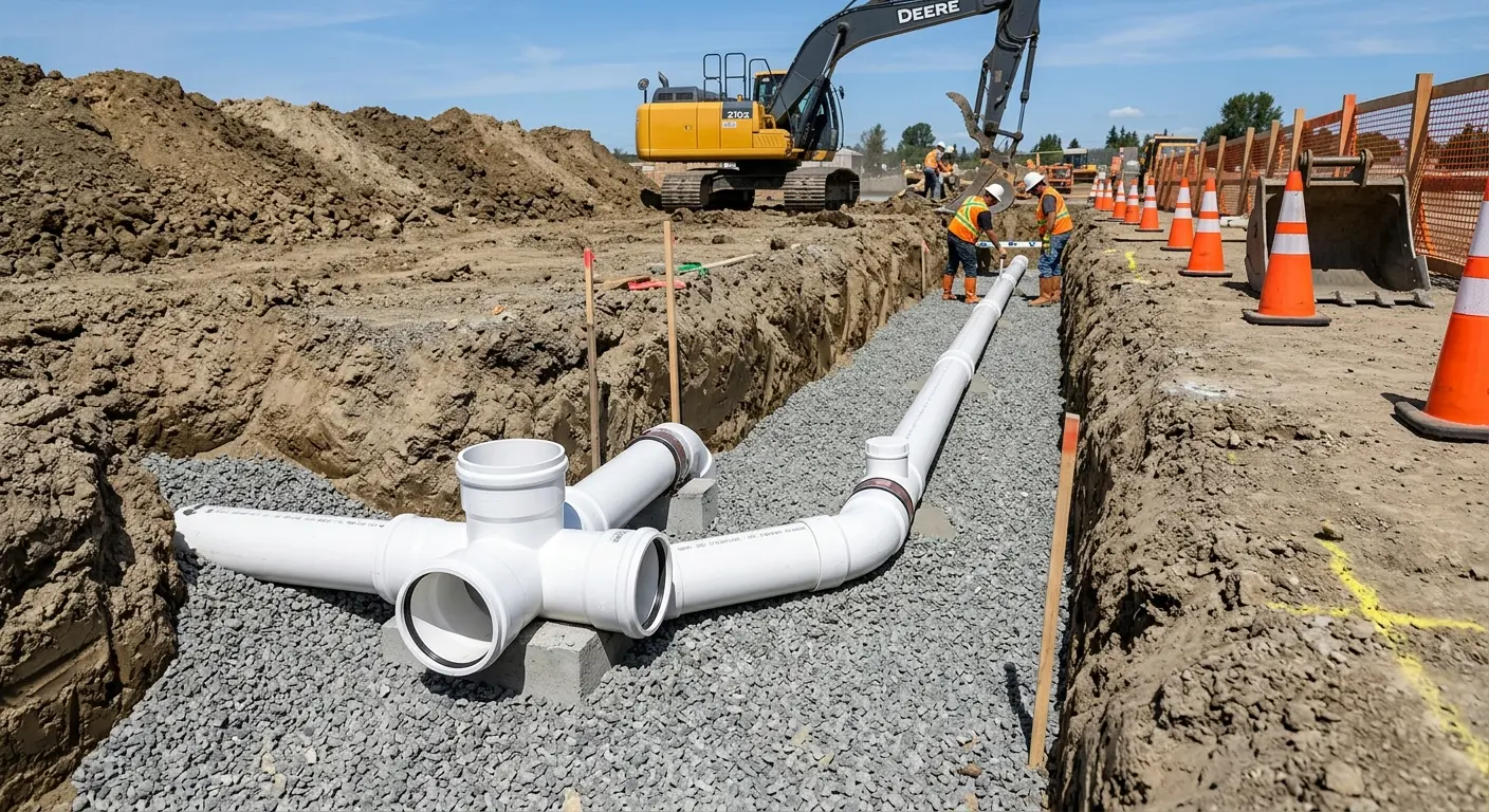 New PVC sewer pipe installation in open trench for Sewer Backup in San Martin