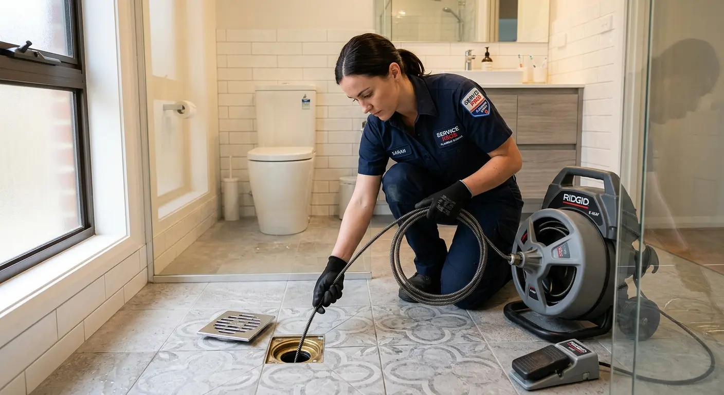 Technician clearing a bathroom floor drain for Sewer Line Replacement in San Martin